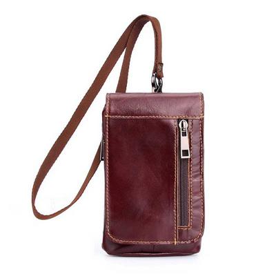 Crazy Horse Pattern Vertical Style 6.3 Inch First Layer Cowhide Leather with Belt Buckles and Detachable Rope Mini Mobile Phone Messenger Loose Change Men Waist Zipper Bag - Brown