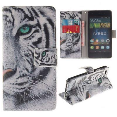 Wallet Style Magnetic Flip Stand TPU + PU Leather Case for Huawei P8 Lite - White Tiger 