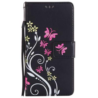 Embossed Butterflies Pattern Glitter Powder Side Flip PU Leather + Soft TPU Hand Rope with Card Slots and Magnetic Buckle Wallet Protective Case for Huawei Ascend P9 Lite / G9 Lite - Black