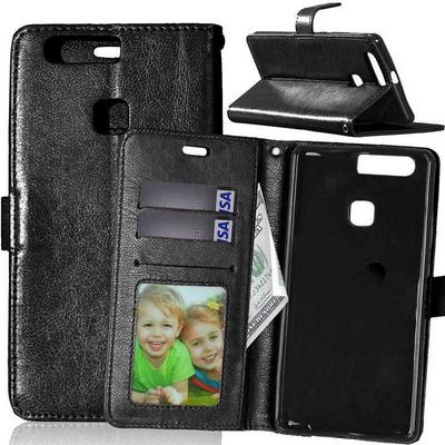 Wallet Style PU Leather + TPU Card Slots Stand with Magnetic Buckle Case for Huawei Ascend P9 Plus - Black 