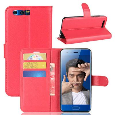 Lichee Pattern Side Flip Wallet Style PU Leather + Soft TPU Card Holder with Stand and Magnetic Buckle Case for Huawei Honor 9 - Red