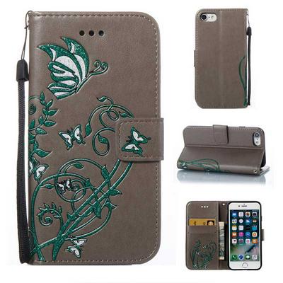 Embossed Vine Pattern PU Leather + TPU Cover Case with Wrist Strap Wallet Stand Support and Card Holder for iPhone 7 - Grey