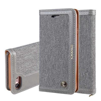 Double Color Canvas with Wrist Strap Card Holder Stand PU Leather + TPU Cover Case for iPhone 7 - Grey