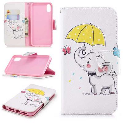 for iPhone XR 6.1 Newly Design Colored Painting Full Protector PU Leather + Soft TPU Back Cover Case with Card Holder Wallet and Stand - Rainy Elephant