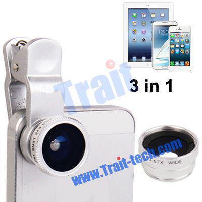 3 in 1 Clip Camera Lens Kit 180 Degree Fisheye Lens Super Wide Lens And Macro Lens for iPhone 5/iPad Mini/Samsung Galaxy S4/Galaxy Note 2 etc (Silver)