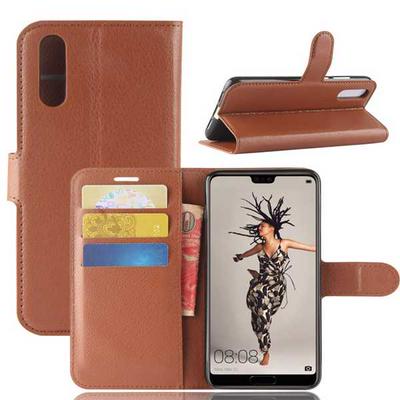 Litchi Pattern Solid Color Side Flip PU Leather + Soft TPU Card Slots with Stand and Magnetic Buckle Wallet Protective Case for Huawei P20 - Brown
