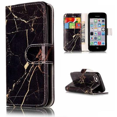 Wallet Style PU Leather + Soft TPU Card Holder with Stand and Magnetic Buckle Case for iPhone 5C - Black Pattern