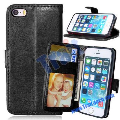Crazy Horse Wallet Style Magnetic Flip Stand TPU+ PU Leather Caes for iPhone 5S 5 - Black