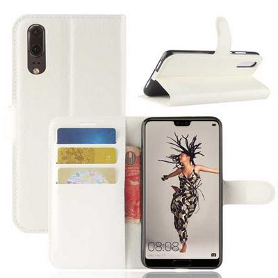 Litchi Pattern Solid Color Side Flip PU Leather + Soft TPU Card Slots with Stand and Magnetic Buckle Wallet Protective Case for Huawei P20 - White