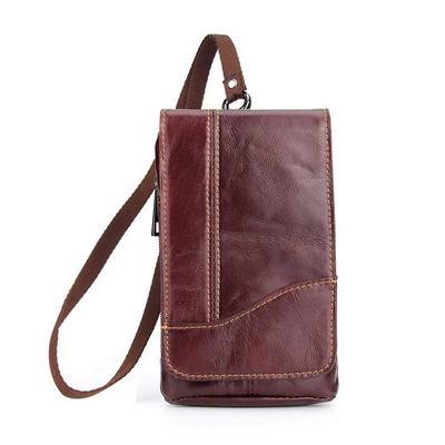 Crazy Horse Pattern Vertical Style 6.3 Inch First Layer Cowhide Leather with Belt Buckles and Detachable Rope Mini Mobile Phone Messenger Loose Change Men Universal Waist Zipper Bag - Brown
