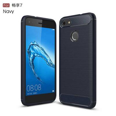 Carbon Fiber Brushed Metal Solid Color TPU Black Cover Case for Huawei Enjoy 7 / Y6 Pro (2017) - Navy Blue
