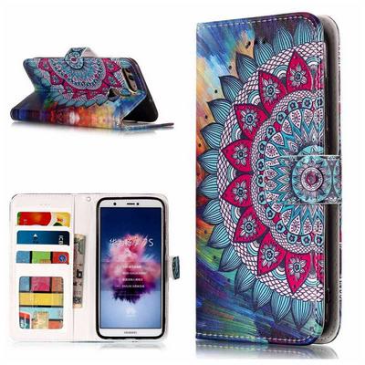 Varnish Relief Pattern Shockproof PU Leather + Soft TPU Card Slots with Picture Frame Magnetic Buckle and Stand Wallet Protective Case for Huawei P Smart / Enjoy 7S - Datura