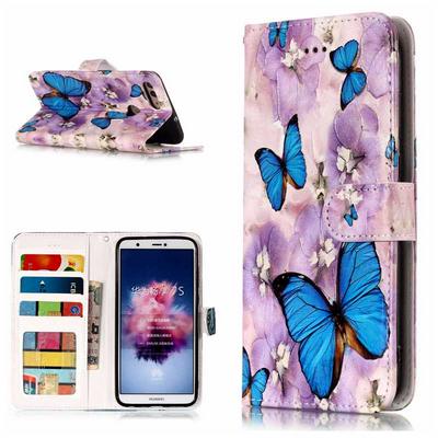 Varnish Relief Pattern Shockproof PU Leather + Soft TPU Card Slots with Picture Frame Magnetic Buckle and Stand Wallet Protective Case for Huawei P Smart / Enjoy 7S - Blue Butterflies