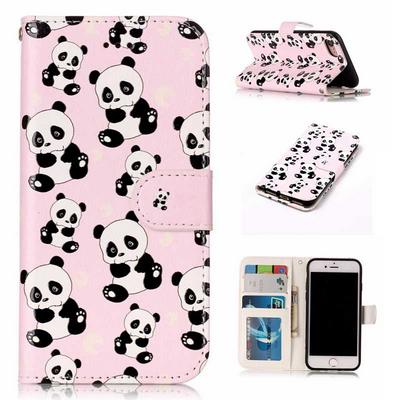 Wallet Style PU Leather + Soft TPU Card Holder with Stand and Photo Frame Case for iPhone 7 - Pandas