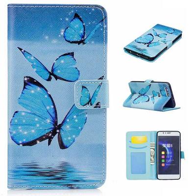 Color Painting Wallet Style PU Leather + Soft TPU Card Holder with Stand and Photo Frame Case for Huawei Honor 8 - Blue Butterflies