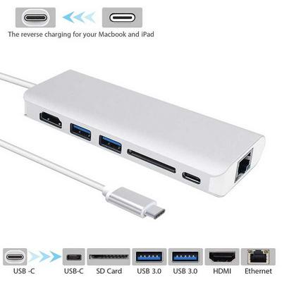 6 in 1 Type-C to 4K HDMI + 2 USB 3.0 Ports + Card Reader + Type-C Charging Port + Ethernet Multiport Adapter Hub for MacBook Pro 2016 2017 / Chromebook Windows 10 - Silver