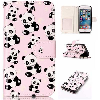 Wallet Style PU Leather + Soft TPU Card Holder with Stand and Photo Frame Case for iPhone SE 5S 5 - Pandas