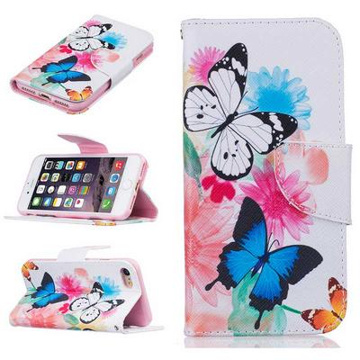 Color Painting Pattern Wallet Style Magnetic Filp Card Slot Stand TPU+ PU Leather Case for iPhone 7 - Two Butterfly