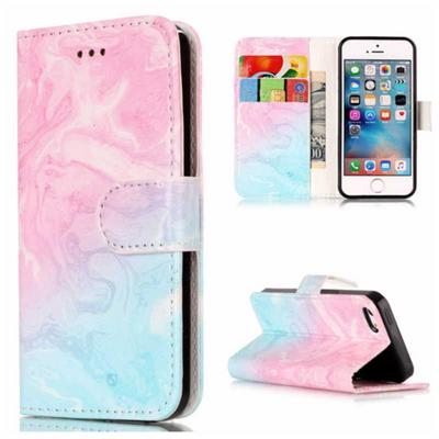 Wallet Style PU Leather + Soft TPU Card Holder with Stand and Magnetic Buckle Case for iPhone SE / 5 / 5S - Pink and Blue Pattern