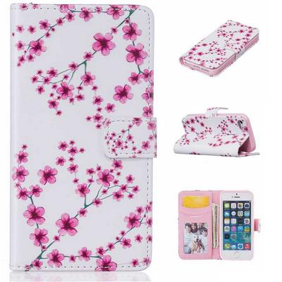 Embossment Pattern Wallet Style TPU + PU Leather Magnetic Flip Card Holder Case for iPhone SE 5S 5 - Plum Flower