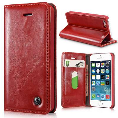 Caseme Crazy Horse Protective Flip PU Leather Wallet Stand case for iPhone SE 5S 5 Red