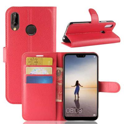 Litchi Pattern Wallet Stand Card Holder Slots PU Leather + TPU Protective Cover Case for Huawei P20 Lite Nova 3e - Red