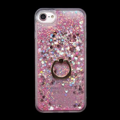 Hard PC + TPU Back Cover Case with Ring Kickstand and Liquid Bling Glitter Power for iPhone 7 - Pink