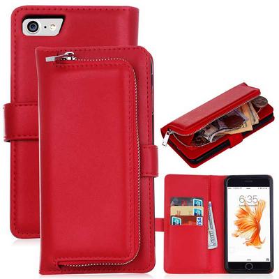 2 in 1 Wallet Style Magnetic Flip Zipper Pouch Card Slots TPU + PU Leather Case for iPhone 7 - Red