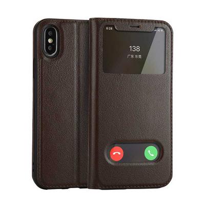Yak Pattern Cowhide Side Flip Luxury Genuine Leather + Soft TPU Caller ID Window with Sliding Window and Stand Protective Pone Case for iPhone X - Coffee