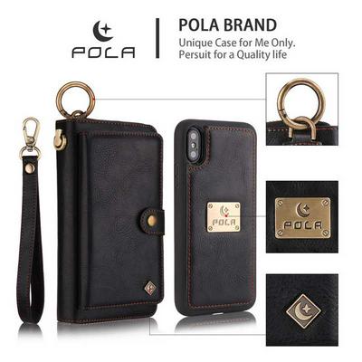 Pola for Car Holder with Zipper Wallet Detachable PU Leather + PC Key Ring Strap with Picture Frame and Card Slots Protective Case for iPhone X - Black