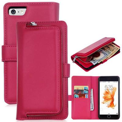 2 in 1 Wallet Style Magnetic Flip Zipper Pouch Card Slots TPU + PU Leather Case for iPhone 7 - Rose Red