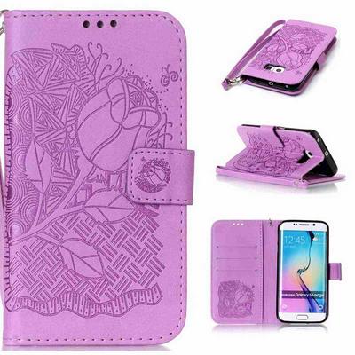 Embossed Pattern TPU + PU Leather Case with Wallet Style Magnetic Flip Card Holder Slot Wrist Srap for Samsung Galaxy S6 Edge / G9250 - Flower Purple