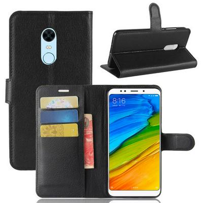 Lichee Pattern PU Leather + Soft TPU Card Holder with Adjustable Stand Support Wallet and Magnetic Buckle Case for Xiaomi Redmi 5 Plus - Black