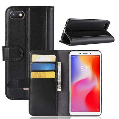 Side Flip Wallet Style Genuine Leather + Soft TPU Card Slots with Stand and Magnetic Buckle Case for Xiaomi Redmi 6A - Black