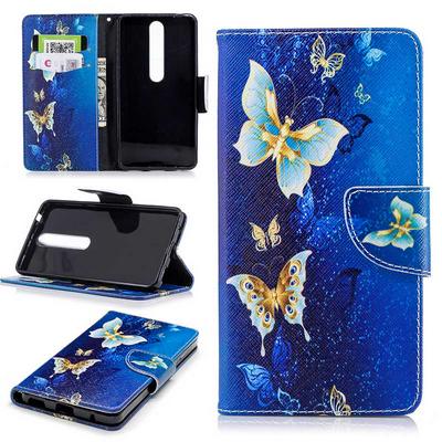 Colored Painting Card Holder Slots Wallet Style with Magnetic Buckle PU Leather + Soft TPU Case for Nokia 6 2018 - Sapphire