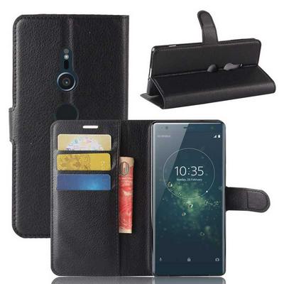 Lichee Pattern Solid Color Side Flip PU Leather + Soft TPU Card Slots with Stand and Magnetic Buckle Wallet Case for Sony Xperia XZ2 - Black