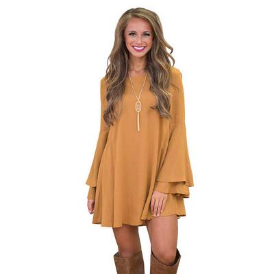 Spring and Autumn Solid Color Frenum Big Pendulum Horn V-neck Dress Long Sleeve Skirt with M L XL Size 