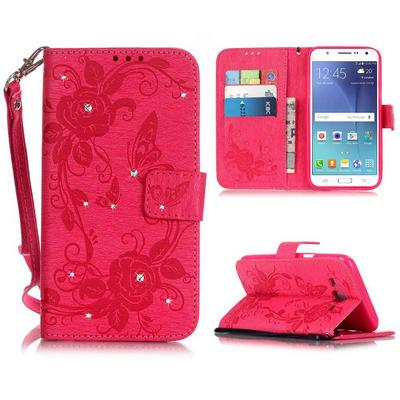Embossed Pattern Diamond Studded Wrist Strap TPU+ PU Leather Case for Samsung Galaxy J5 - Rose Red