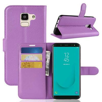 Lichee Pattern Solid Color Side Flip PU Leather + Soft TPU Card Slots with Stand and Magnetic Buckle Wallet Case for Samsung Galaxy J6 J600 - Purple
