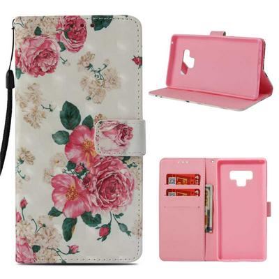 3D Color Painted Side Flip PU Leather + Soft TPU Card Slot with Magnetic Buckle Wrist Strap and Stand Wallet Protective Case for Samsung Galaxy Note 9 - Red & White Flowers 