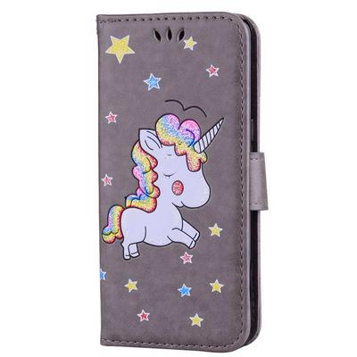 Unicorn Pattern Glitter Powder Side Flip Design PU Leather + Soft Black TPU Picture Frame with Card Slots and Stand Wallet Case for Samsung Galaxy S8 / G9500 - Grey