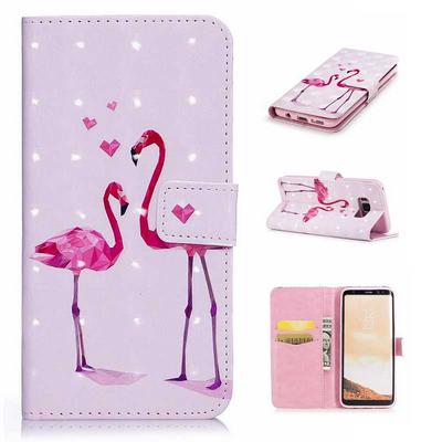 3D Smooth Surface Colored Painting PU Leather + Soft TPU Card Holder with Stand Support Wallet and Magnetic Buckle Case for Samsung Galaxy S8 / G9500 - Flamingo