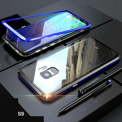 Detachable Magnetic Aluminium + Transparent Glass Hybrid Back Cover Case for Samsung Galaxy S9 - Blue