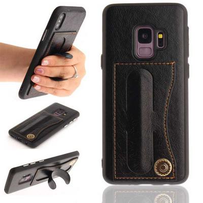 Creative with Card Slot and Hidden Kickstand Hard PC + Soft TPU Leather Coated Back Cover Protective Case for Samsung Galaxy S9 - Black