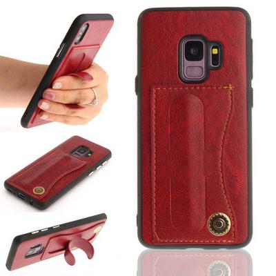 Creative with Card Slot and Hidden Kickstand Hard PC + Soft TPU Leather Coated Back Cover Protective Case for Samsung Galaxy S9 - Red