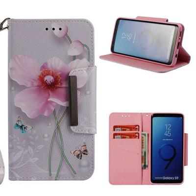 Painted Wrist Strap Style Side Flip Shockproof PU Leather + Soft TPU Card Slots with Magnetic Buckle and Stand Wallet Protective Case for Samsung Galaxy S9 - Pink Flowers