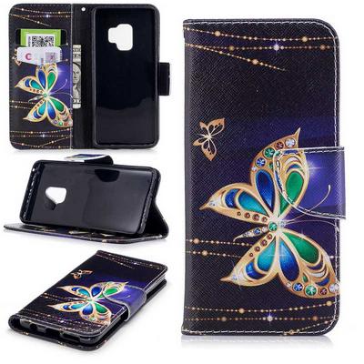 Colored Painting Card Holder Slots Wallet Style with Magnetic Buckle PU Leather + Soft TPU Case for Samsung Galaxy S9 - Butterfly