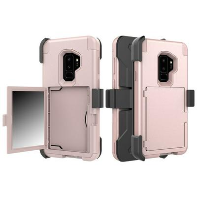 4 in 1 Detachable with 360° Revolve Waist Belt Clip + Mirror + Card Holder Slot Hard PC + Soft TPU Back Cover Case for Samsung Galaxy S9 Plus - Pink
