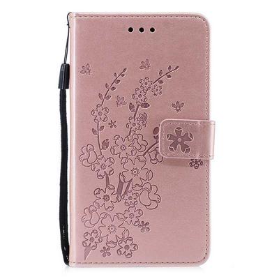 Plum Blossom Embossed Pattern Shockproof PU Leather + Soft TPU Card Slots with Wrist Strap and Stand Wallet Protective Case for iPhone XR 6.1 - Rose Gold
