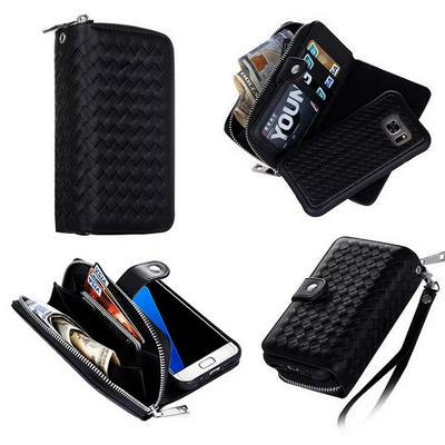 Multi-function Detachable 2 in 1 Woven Pattern Card Slot Zipper Wallet Case for Samsung Galaxy S7 Edge/ G935 - Black